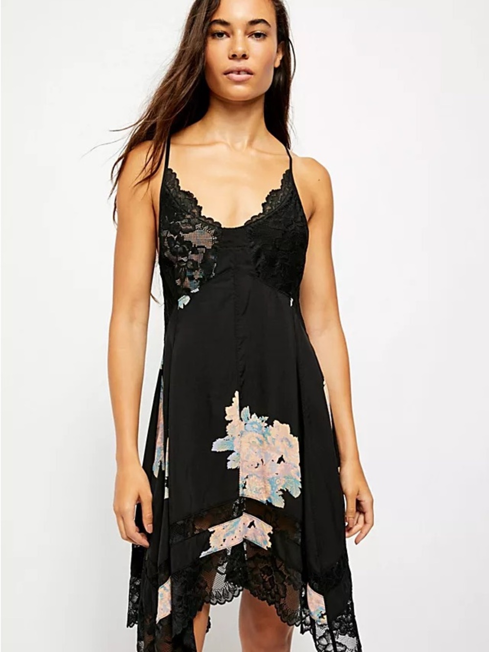 Free People Black Slip Dress with Pastel Floral Appliqué